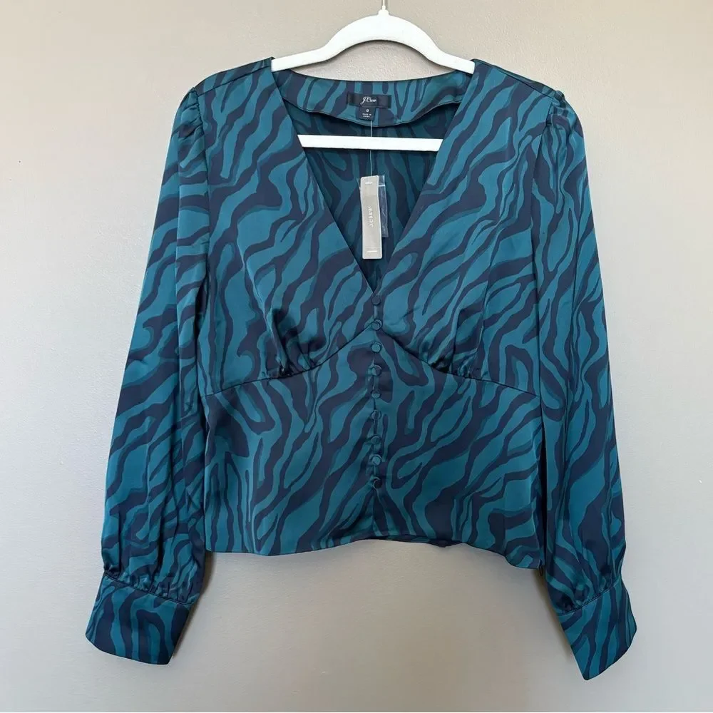 NWT J. Crew Green Black Zebra Print Satin V-Neck Button Front Blouse Size 8